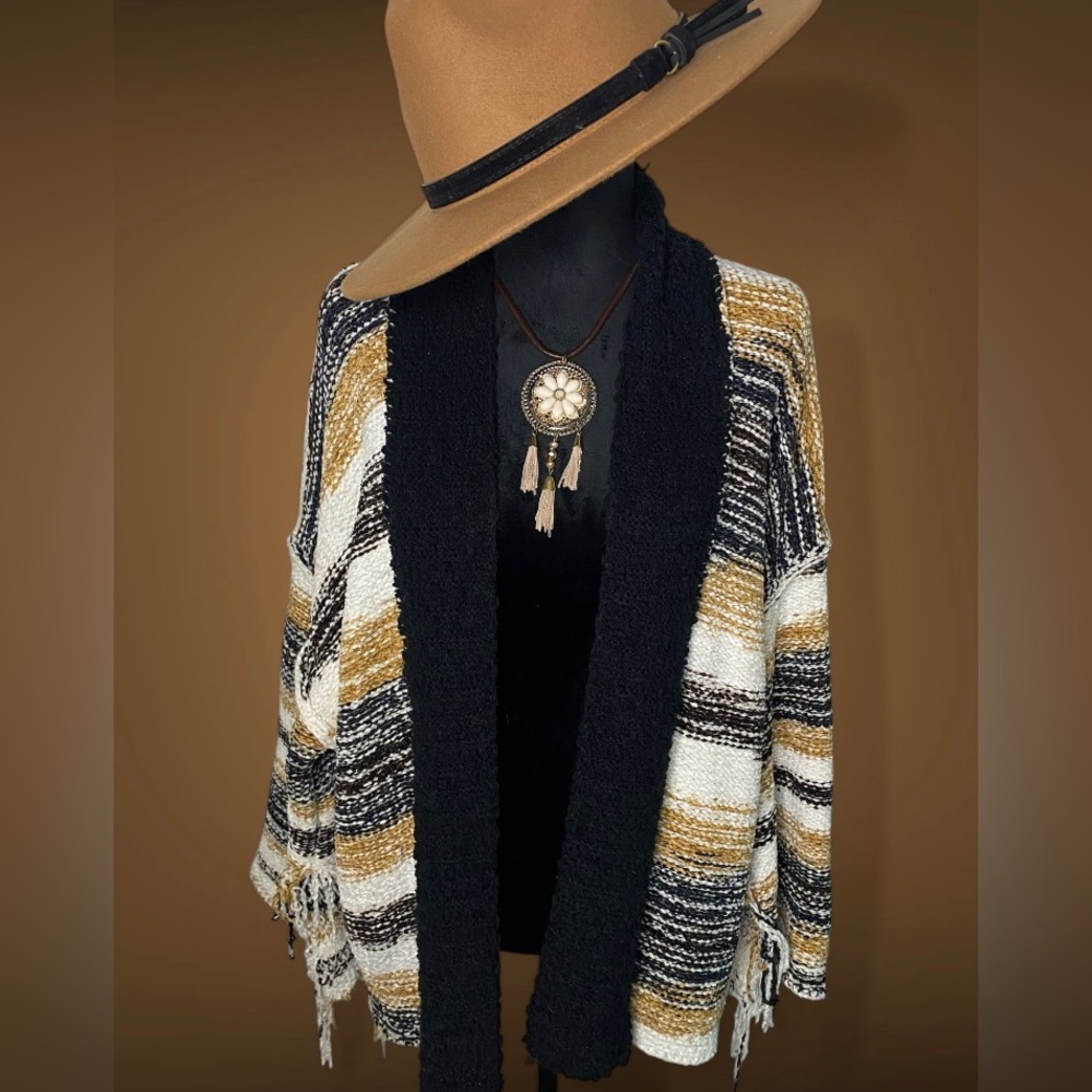 POL Crochet Open Knit Sweater with Bell Fringe Sleeves